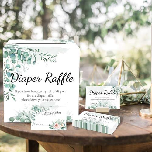 Image of Baby Shower Games, Greenery Diaper Raffle Box, 50 PCS Diaper Raffle Tickets Card Box with Advice and Wishes for the Parents-to-be, Baby Shower Decorations, Diaper Raffle Sign
