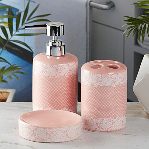 Image of SaSaSa Ceramic Bathroom Set of 3 Modern Bath Accessories Kit with Soap Dispenser, Toothbrush Holder & Dish - Stylish & Elegant Bathroom Decor, Pink (5763)
