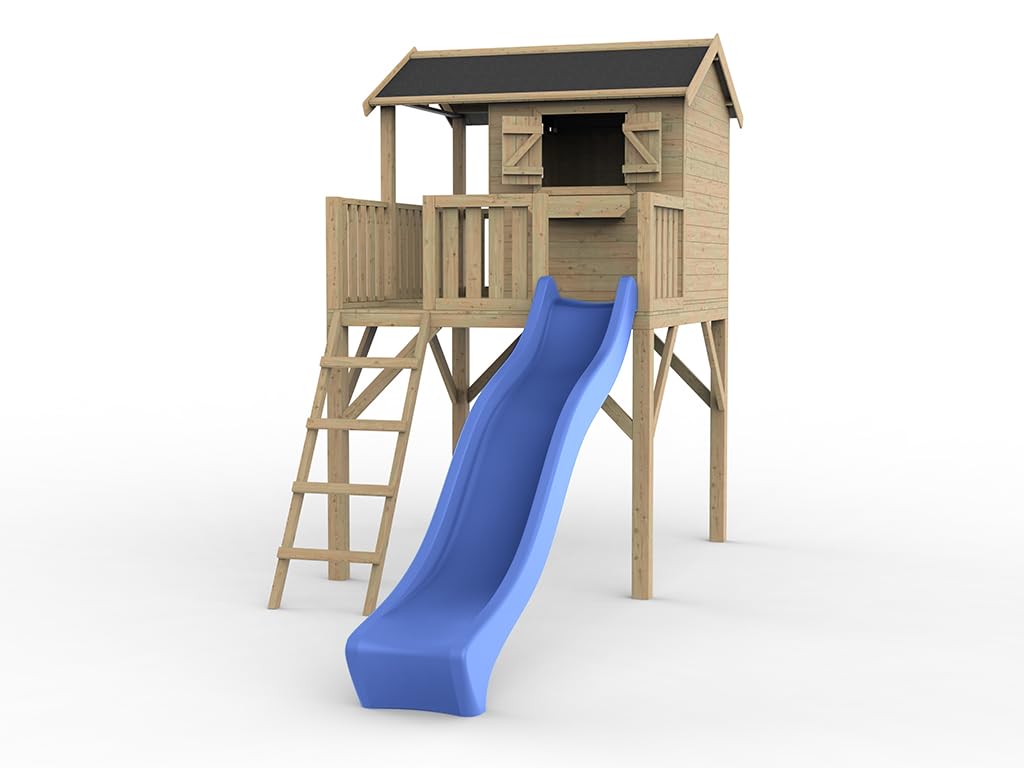 Stelzenhaus Funny XXL KDI | 285x188x303 cm | Kesseldruckimprägniertes Kiefernholz | Mit Veranda, Balkon & Blauer Rutsche | 146 cm Podest | Kinder Outdoor Spielhaus