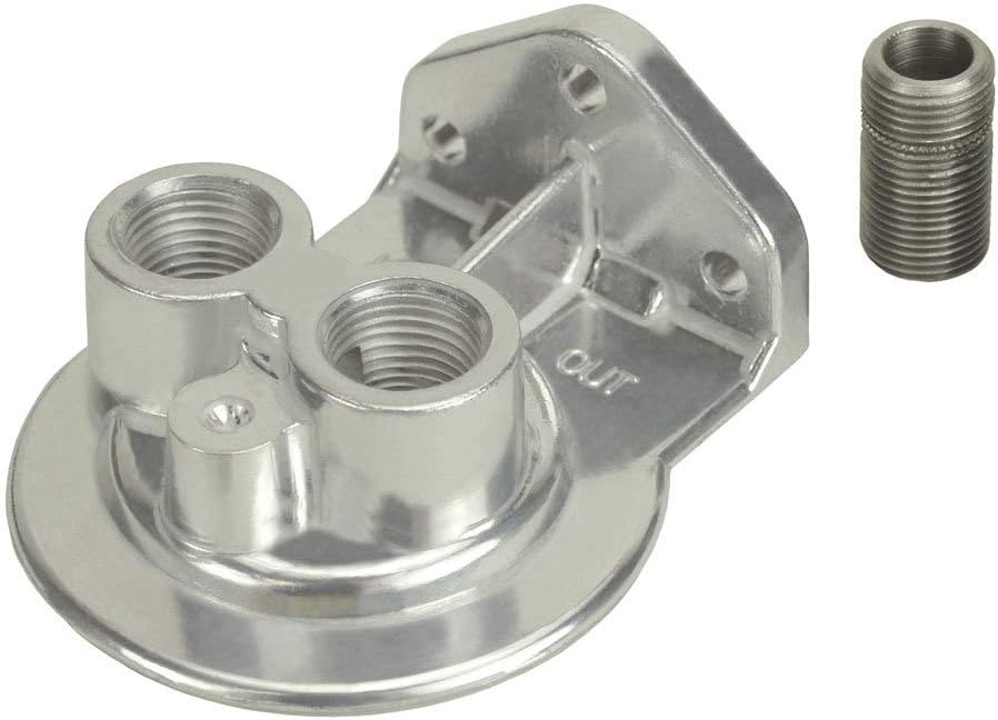 Derale Oil Filter Mount, Ports Up, 1/2 in NPT Female Ports, 3/4-16 in Center Thread, Aluminum, Polished, Universal, Each