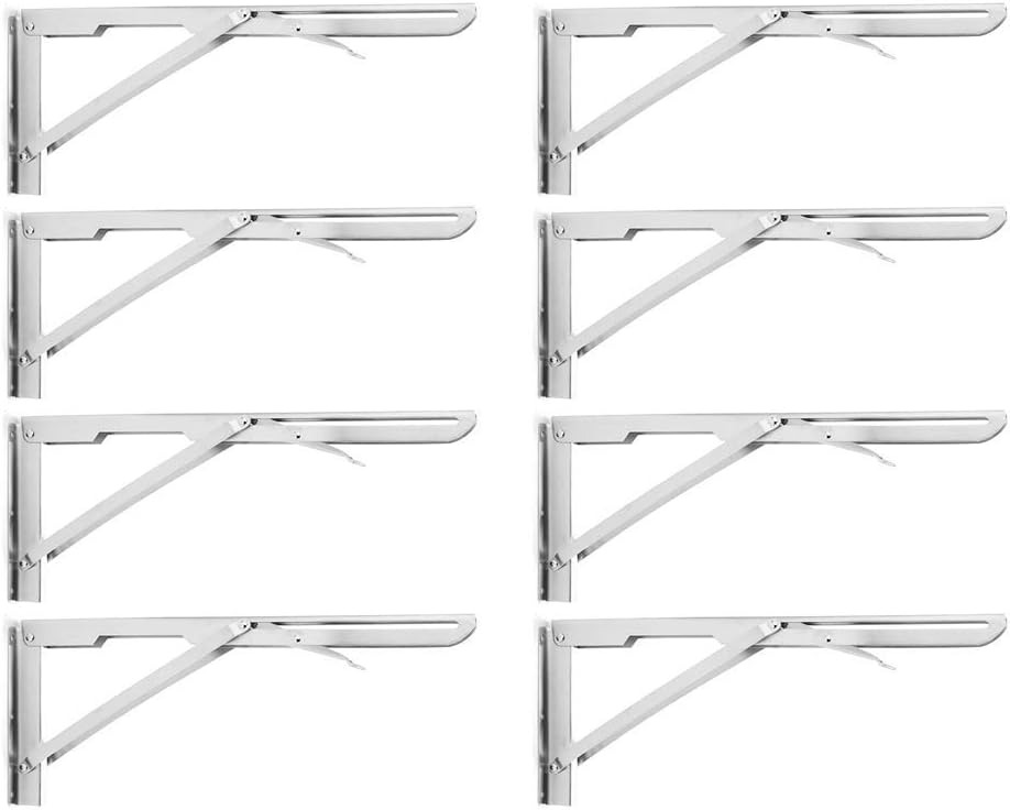 Folding Shelf Brackets 16”, Heavy Duty Stainless Steel Collapsible Shelf Bracket for Table Work Bench, Space Saving DIY Bracket,Max Load 400 lb. Pack of 8 (16 in)
