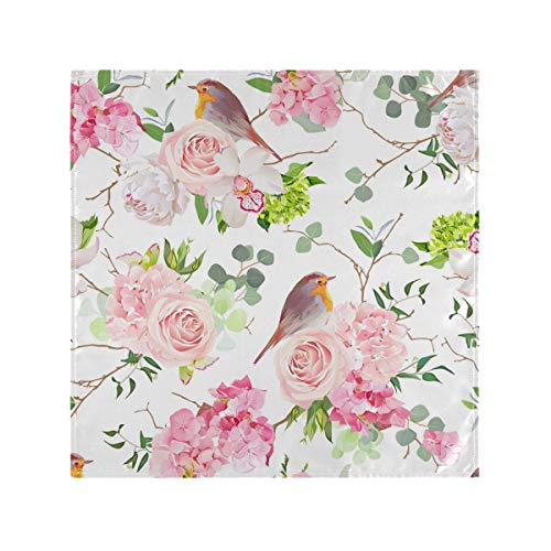 Yyzzh Set Of 4 Floral Print Robin Bird Pink Rose Hydrangea Orchid Peony Flower Eucalyptus Leaf Cloth Napkins Washable Polyester Dinner Napkins 20"X20" For Dining Table Wedding Party Fall Holidays #TOP1