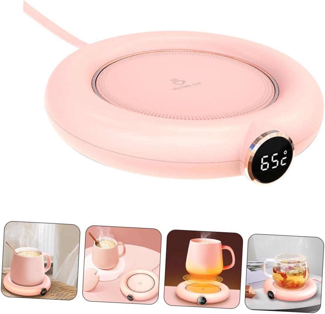 KALLORY USB Temperature-Controlled Cup Warmer Level Indicator Blush Beverage Heater for Desk Auto Shut-Off Timer Compact Design for Home Office Use