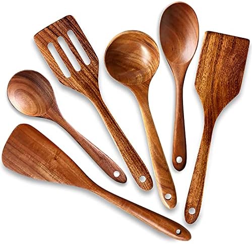 6 Pcs Best Wooden Kitchen Utensils for Cooking Spoons Wood Spatula Turner Slotted Spoon Serving Soup Ladle Wooden Spoons for Cooking Spatula Non Stick Wood Utensil Set