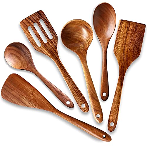 Image of 6 pcs Best Wooden Kitchen Utensils Non Stick Cooking Spoons Wood Spatula Serving Spoon Soup Ladle Utensils Set