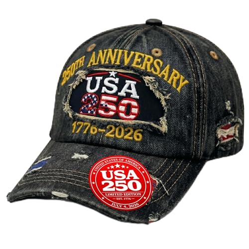 Jester Fiesta USA 250th Anniversary Hat 17762026 - Black - Distressed Ripped Baseball Cap with Embroidered Design - Adjustable Metal Buckle - Independence Day July 4th Patriotic Cap
