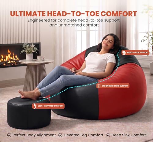 Image of Sattva Classic 4XL Bean Bag Chair with Beans Filled | Faux Leather Sofa Style Bin Bags with Footstool & Cushion | Comfortable Beans Bag for Adults, Teens, Home & Office Seating (Black & Red)