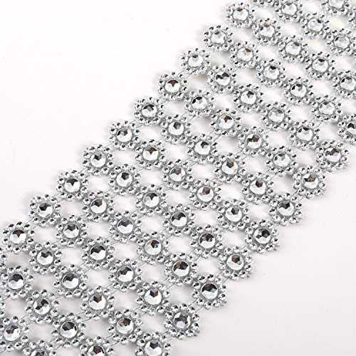 Jsshi 6 Row,4" X10 Yard,Silver Flower Diamond Rhinestone Crystal Mesh Ribbon Wrap Roll For Wedding Decorations, Wedding Cake, Birthdays, Party Supplies, Arts & Crafts(Flower Pattern 10 Yards) (Silver) #TOP6