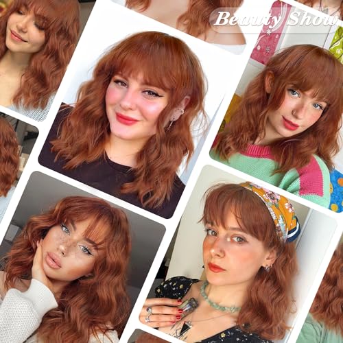 Image of AISI HAIR Synthetic Wavy Curly Bob Wig with Bangs Burnt Orange Short Wigs for Women Synthetic Heat Resistant Bob Wigs