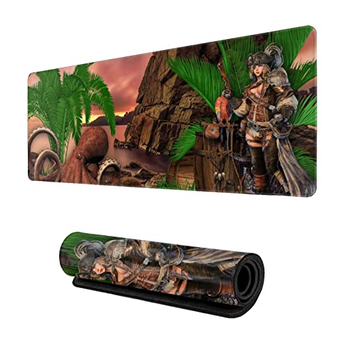Pirate Woman Octopus Palm Tree Large Gaming Mouse pad,, with Non-Slip Base (11.8x31.5 inches), Comfortable, Foldable, Suitable for desktops, laptops, Keyboards, etc.