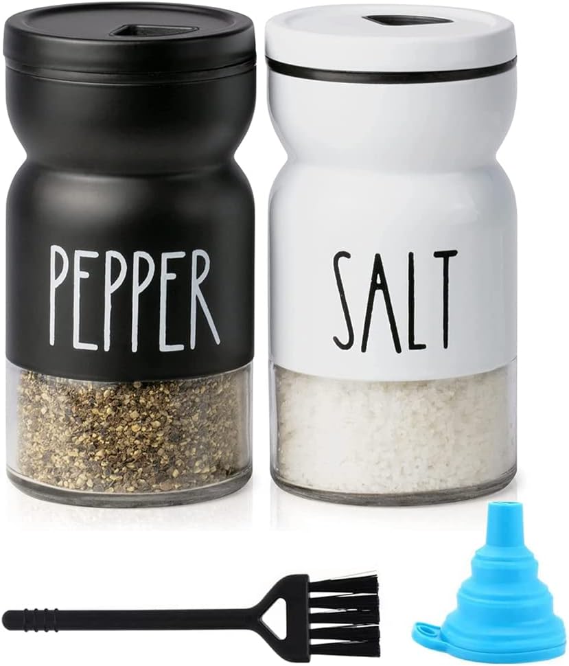 KITOME Salt and Pepper Shakers Set with Adjustable Pour Holes, Cleaning Brush and Funnel for Kitchen. (Black & White)