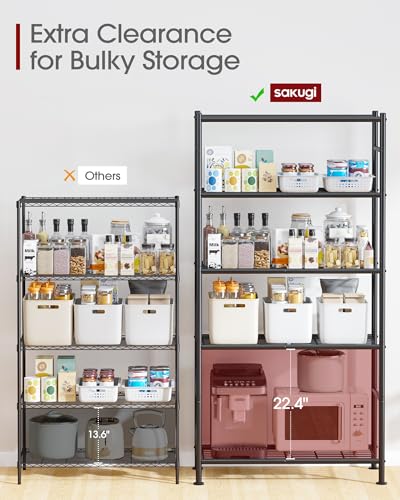 Image of Sakugi Storage Shelves - 5 Tier Shelf Organizer, Heavy Duty Garage Shelving Unit with Leveling Feet, Stable Metal Shelves Organizer for Pantry, Kitchen and Closet, 33.0 inch W x 12.6 inch D x 72.0 inch H, Black