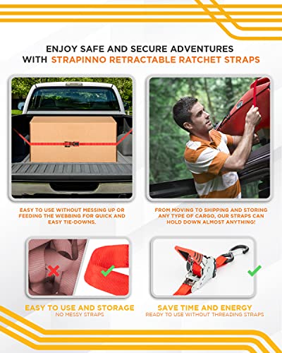 Strapinno Retractable Ratchet Straps 1 In X 6 Ft, Secure Cargo Tie-Downs With Rubber-Coated Handles & S Hooks,For Moving Motorcycle,Bike & Daily Use With Breaking Strength 1,500Lbs/680Kg (4Pcs) #TOP4