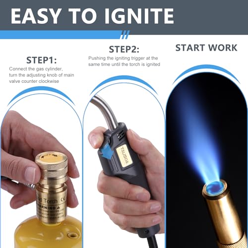 Image of MAPP Map Gas Torch Kit with Self-Ignition - Soldering Propane Torch with 4.9ft Hose, 25,000 BTU Flow Head, CGA600 Compatible for Brazing Pipe Welding HVAC Plumbing DIY