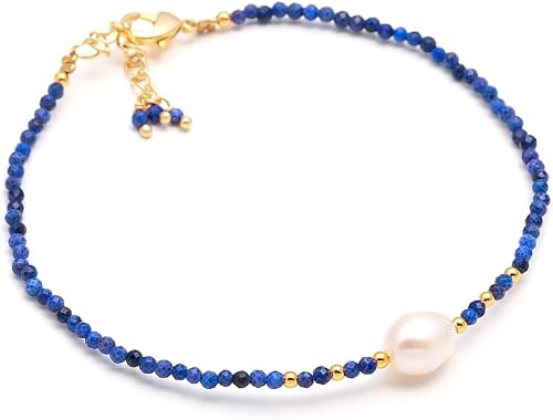 POSHPENDANT Handmade Lapis Lazuli and Pearl Bracelet, 7+1 Inch Adjustable Dainty