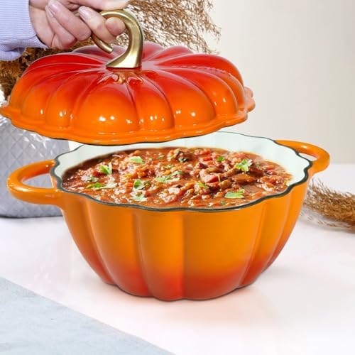 Pumpkin Enameled Cast Iron Dutch Oven with Lid, 4.5 QT Heavy Duty and Dual Handles Pot, Serves 3-5 and Oven Safe for Bread Baking, Braising, Cooking Soup and Family Gifts, Orange - Thumbnail 3