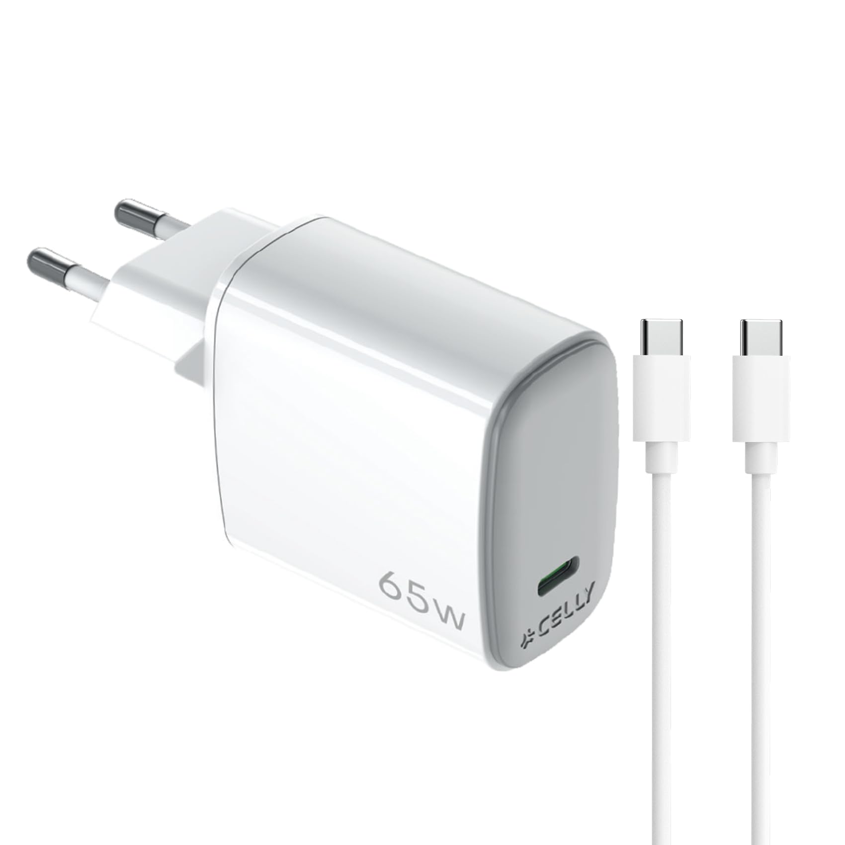 Celly UPTC1USBC65WCTC, ładowarka USB-C z kablem USB-C o długości 2 m w zestawie, przenośna ładowarka 65 W z technologią GaN, kompatybilna z różnymi modelami większości producentów