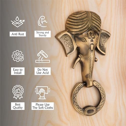 Image of COMPASS Pagdi Ganesh Design Brass Home Decor | Door Decor | Door Knocker with Antique Finish | 9.3 inch | Pack of 1