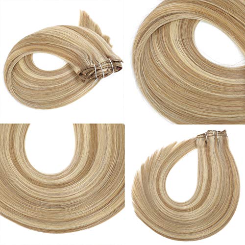 Clip in Human Hair Extensions 24 Inch 120g 9pcs Dirty Blonde Highlighted Bleach Blonde Hair Extensions Clip in Human Hair Long Remy Clip in Hair Extensions Real Human Hair Straight Double Weft