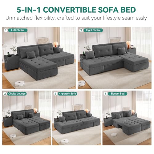 DWVO Queen Size Sofa Bed, 5-in-1 Multi-functional Convertible Sleeper Sofa with 2 Storage Cabinet Nightstand & USB Ports, 100" Sectional Sofa Couch with 2 Comfy Pillows for Living Room Apartment, Grey