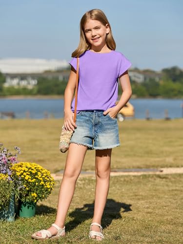 Image of Haloumoning Girls Cap Sleeve T Shirts Kids Summer Crewneck Solid Tops Tees 5-14 Years