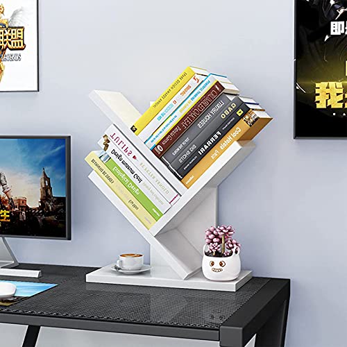 Lydia88 Tree Bookshelf，2-Layer Floor Standing Bookshelf，The Desktop Bookshelf Can Hold Books，Magazines, Cds And Photo Albums，Desktop Organizer，Office Storage Rack Real Wooden Bookshelf，White #TOP1