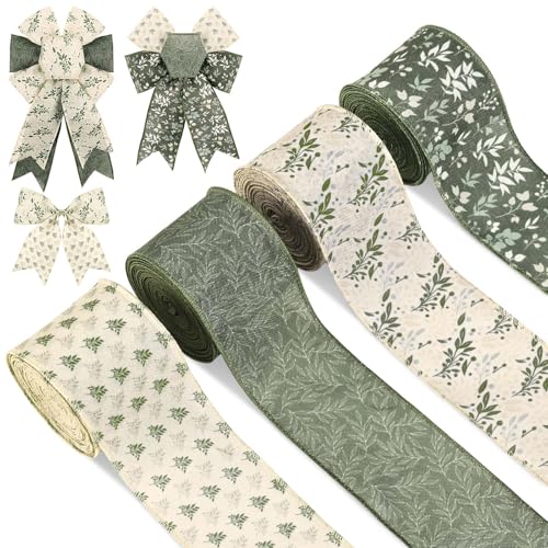 4 Rolls 20 Yards Sage Green Wired Edge Ribbon 2.5 Inch Spring Botanical Floral Buralp Ribbon Greenery Flower Fabric Ribbon for DIY Bow Wreath Making Spring Holidays Party Decor