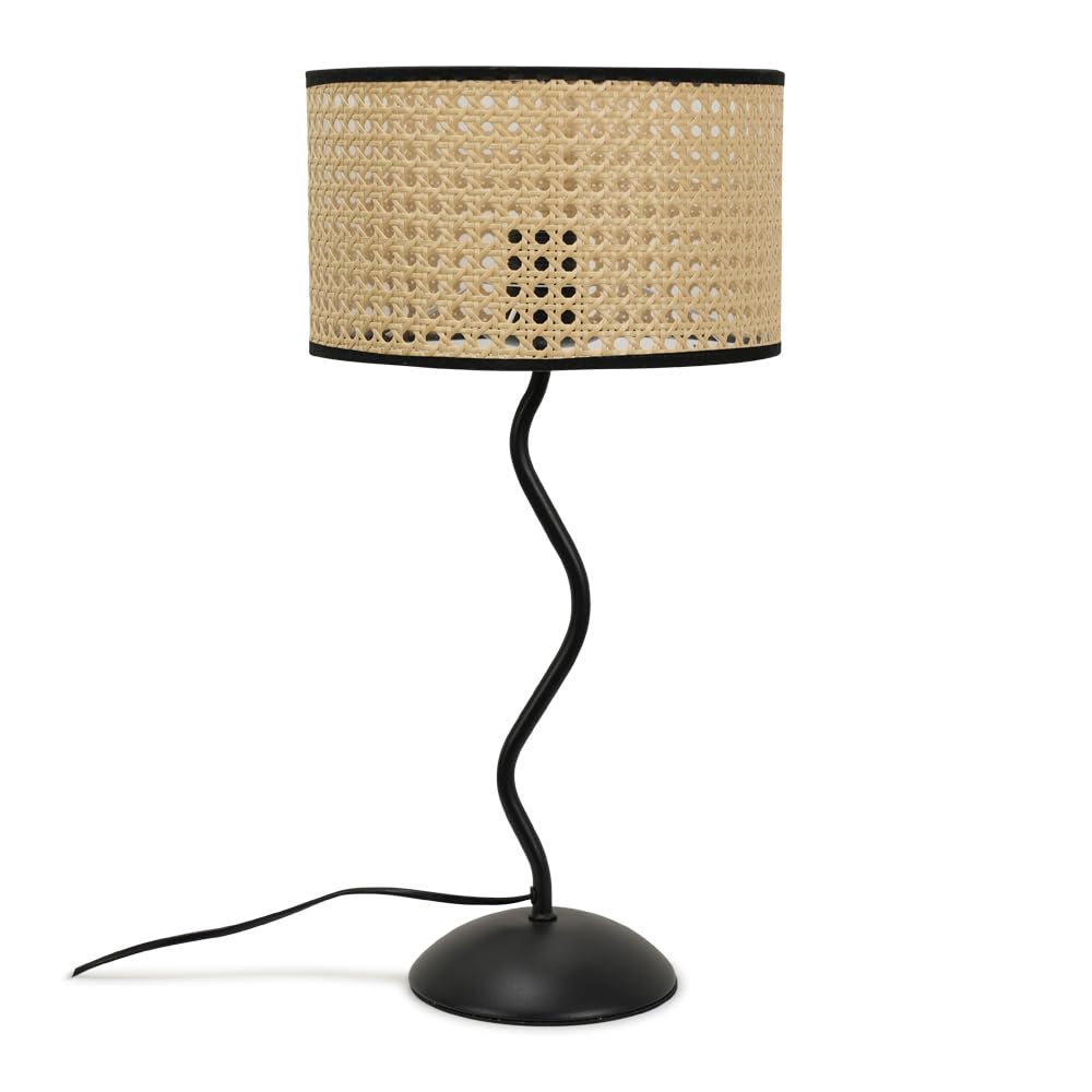 Valuelights Table Lamp | Black Metal Wavy Single Stem Base With Natural Wicker, Black Trim Shade | Home Décor, Bedside & Desk Lamp