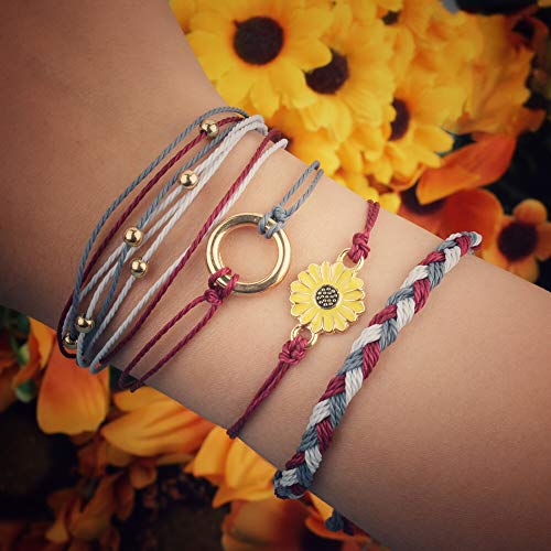 Image of Stackable Sunflower String Bracelets Cute Boho Braided Summer Beach Jewelry