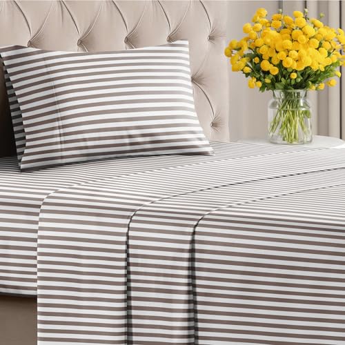 Image of Twin XL 3 Piece Striped Sheet Set - Breathable & Cooling - Brown Stripe