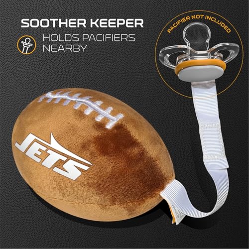 Image of New York Jets Plush Football Pacifier Holder by Smilo - Officially Licensed NFL Soother Holder - Soft Plush Toy and Dummy Holder - Fits Any Pacifier - Stroller Accessory & Newborn Essential