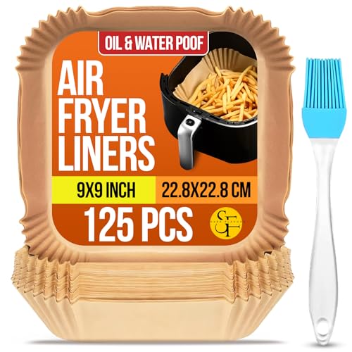 Disposable Air Fryer Liners 9 Inch Square - 125Pcs Non-Stick Parchment Paper, Oil-Proof & Waterproof for Easy Cleanup | Fits 5-8 QT Air Fryer Baskets (with brush)
