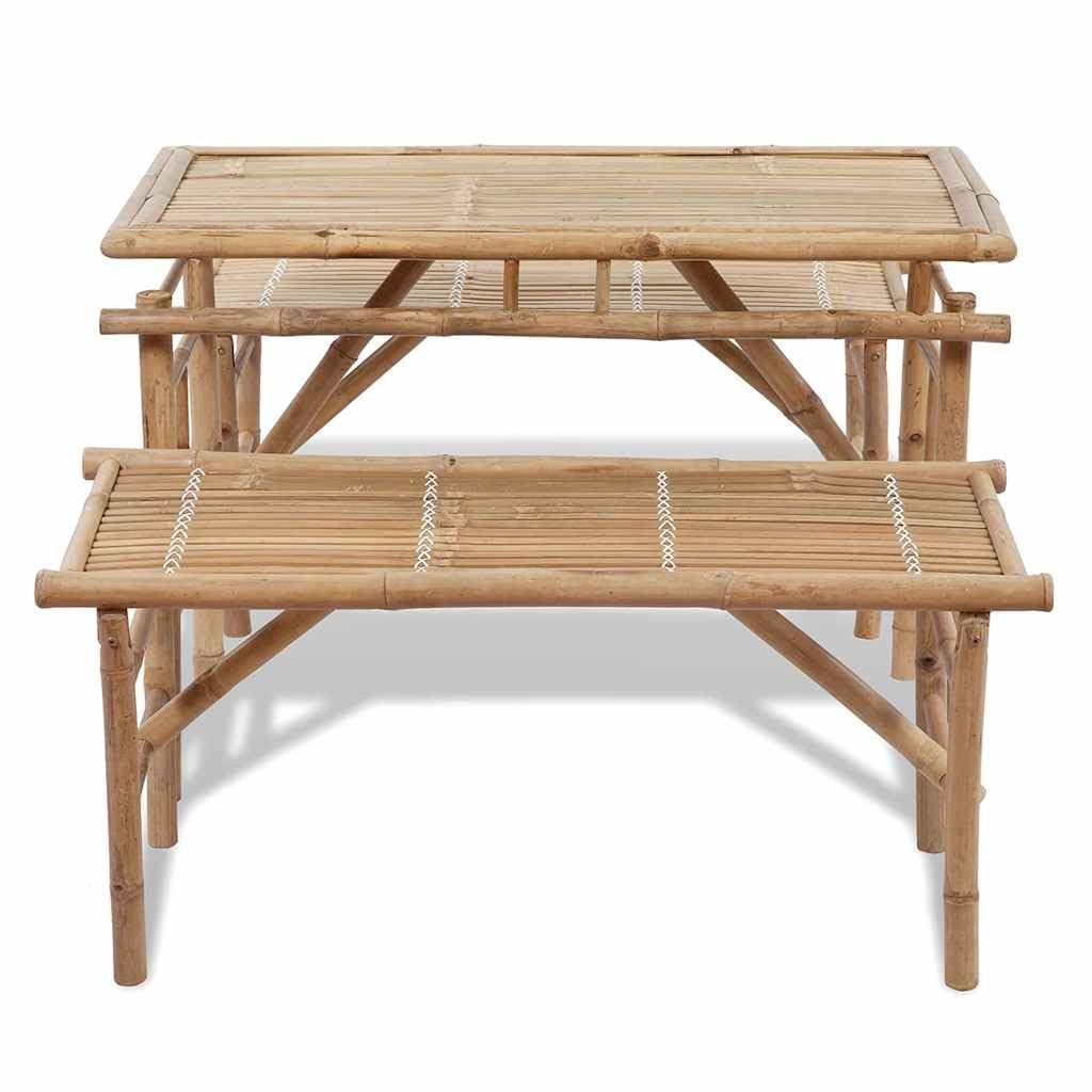 Set Tavolo Birreria e 2 Panchine Pieghevoli in Bambù 100 cm | Struttura pieghevole salvaspazio per terrazzo e balcone, include un tavolo e due sedute in bambù facile da pulire.