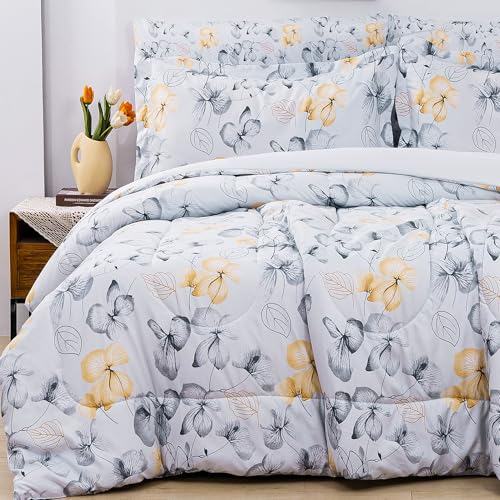 Image of lasoftan Floral Queen Comforter Set with Sheets, 7 Piece Luxury Vintage Bedding, Soft Microfiber Bed in a Bag, Cozy Lightweight Bed Set, Grey Yellow Leaves