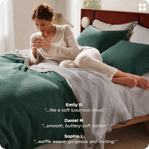 Image of Bedsure Cotton Duvet Cover King - 100% Cotton Waffle Weave Forest Green Duvet Cover King Size, PureWoven Breathable Bedding Set for All Season, 3 Pieces, 104 inchx90 inch