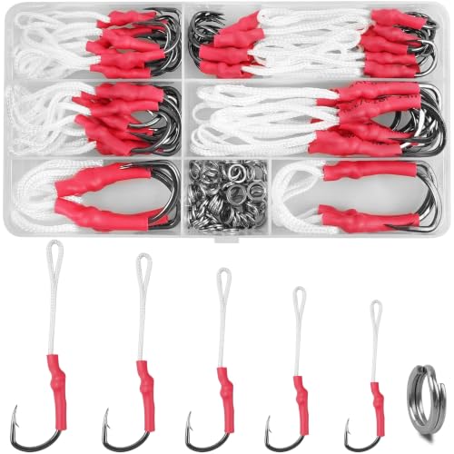 Fishing Assist Hooks for Jigging Kit, 53/106pcs Saltwater Jigging Hooks Slow Pitch Jigs Vertical Butterfly Jig Speed Jig Hooks Stainless Steel Jigging Assist Hooks with Split Ring Braid Cords