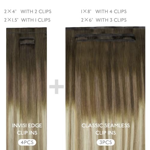 Image of WENNALIFE Invisi Edge & Classic Seamless Clip in Hair Extensions Real Human Hair, 12 Inch 80g 7pcs Ombre Walnut Brown to Ash Brown and Bleach Blonde Hair Extensions for Women Invisible Straight Inject
