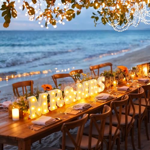Image of JUSTOTRY 6Pcs Mr & Mrs LED Light Up Letters, 6.2 Inch Shiny Freestanding Mr and Mrs Sign Lights for Marriage Anniversary Celebration Engagement Banquet Wedding Table Decoration (Warm White)