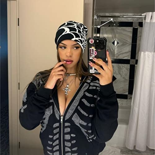 Dicusph Y2K Gothic Spider Pattern Wool Acrylic Knitted Hat Women Beanie Winter Warm Beanies Men Casual Skullies Outdoor (Black) #TOP1