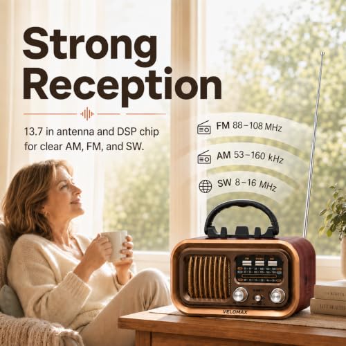 Image of VELOMAX Radio FM for Home with Speaker, FM Radio with Bluetooth 5.0, AM /FM /SW Portable Retro Radio with Solar Panel, USB-C Charging, Rechargeable Battery, USB & TF Card Playback(Brown)