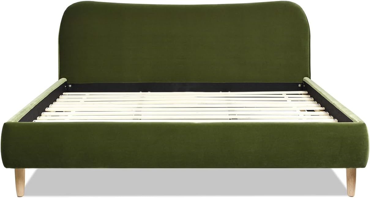 წინა view of the upholstered platform bed frame without a mattress, showing the headboard, footboard, and side rails assembled.