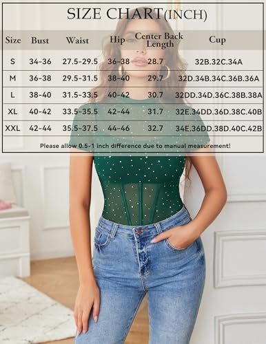Avidlove Women Short Sleeve Bodysuit Mock Neck Sheer Mesh Rhinestone Top One Piece Going Out Tops Concert Outfits Green — view 6