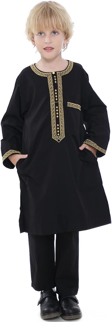 Boy's Muslim Clothing Kaftan Set - Middle East Youth Embroidered Robe Suit Round Neck Islamic Dress Arabic Wear