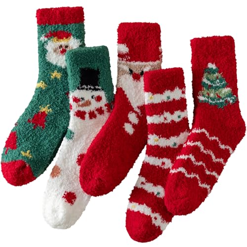 Pleneal Christmas Socks for Women - 5 Pairs Womens Christmas Fuzzy Socks, Warm Winter Fluffy Sock Christmas Accessories