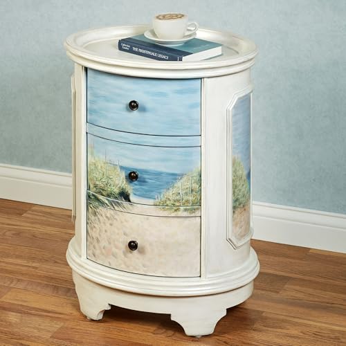 Ocean View Coastal Oval Side Cabinet | Handpainted Beach Scene with White Sand, Green Grass, and Blue Seas | Off-White Whitewashed Wooden Furniture | Tray-Style Top & Chest of Three Storage Drawers - Image 2