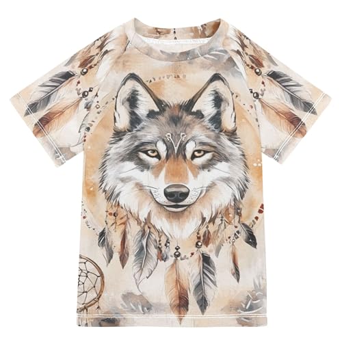 Western Wolf Dream Catchers Tribal Girls Bathing Suit Sun Protection Rash Guard Swimsuit Swimwears Beach Tops for Teen Boy 9-10Y