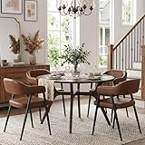 HNY Modern Dining Room Arm Chairs Set of 4, Retro Faux Leather Upholstered Barrel Dining Chairs with Arms Mid-Century Brown Accent Chair with Metal Legs, Open-Back Kitchen Side Chair for Living Room