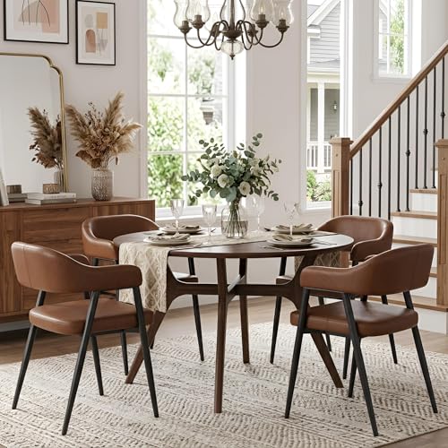 Image of HNY Modern Dining Room Arm Chairs Set of 4, Retro Faux Leather Upholstered Barrel Dining Chairs with Arms Mid-Century Brown Accent Chair with Metal Legs, Open-Back Kitchen Side Chair for Living Room