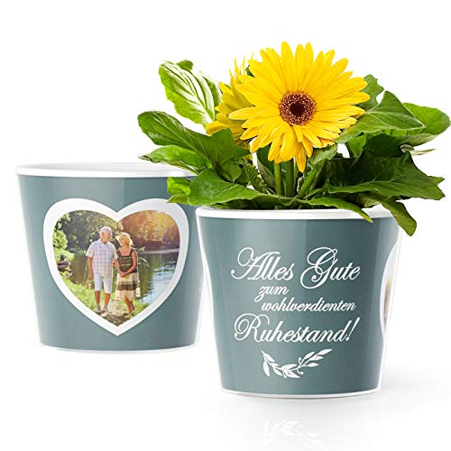 Preisvergleich Produktbild Facepot Ruhestand Geschenk Blumentopf (ø16cm) / Geschenke für Rentner zur Pensionierung, Rentenbeginn, Renteneintritt mit Bilderrahmen für 2 Fotos (10x15cm) / Alles Gute zum wohlverdienten Ruhestand