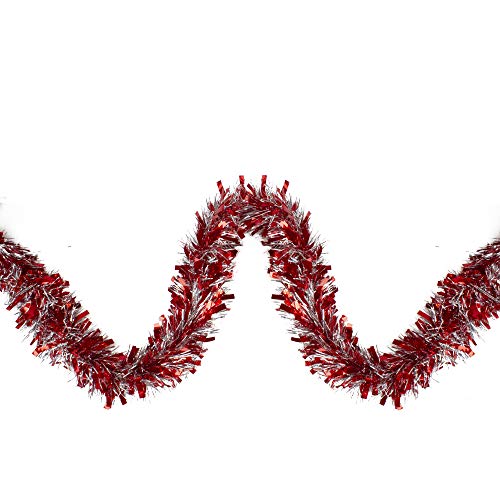 Red and Silver Wide Cut Christmas Tinsel Garland - 12 feet Unlit